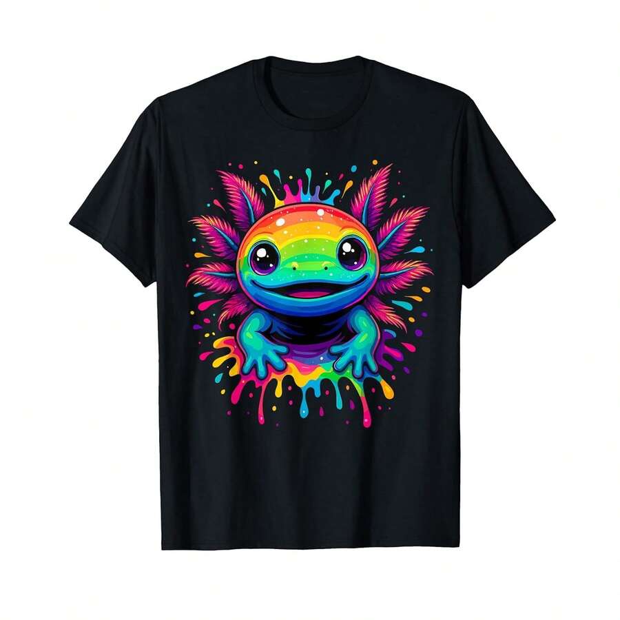 Unisex Short-Sleeved T-Shirt, Axolotl Colorful Kawaii Axolotl T-Shirt, Men's T-Shirts, , Women's, Romwe Men, Boho Chic, Gifts For Teachers, Women's T-Shirt, Curvy Outfits For Men, Y2K - 黑色 - 查看 1