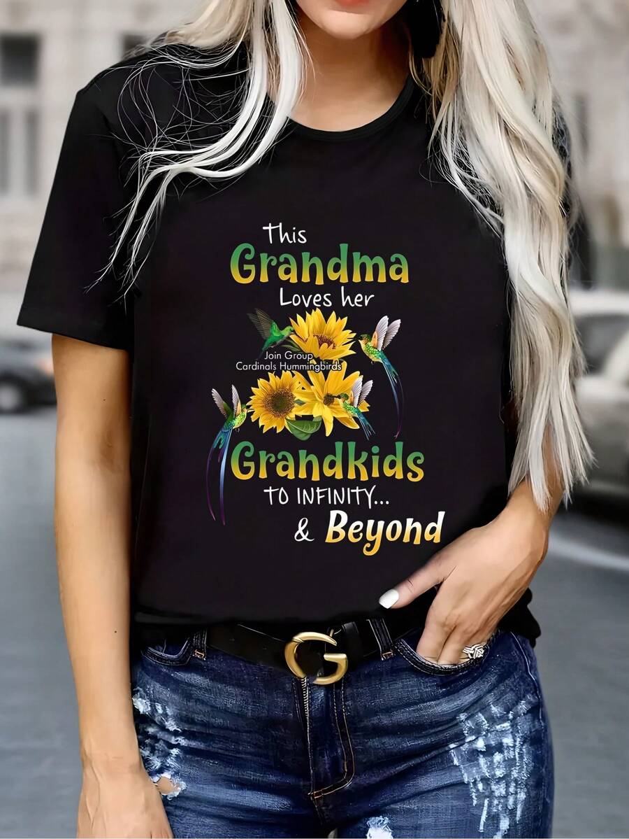 Talla, Camiseta con Estampado de Abuela y Nietos, Manga Corta y Cuello Redondo, Casual para Verano y Primavera, Ropa de Mujer - Negro - Ver 1