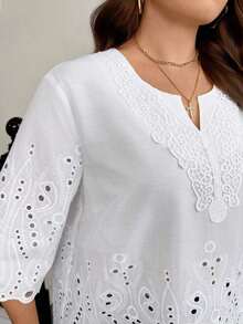 Blusa de verano de talla grande, de unicolor, hueca, bordada, casual, para vacaciones, temporada de bodas, nuevo diseño de playa para mujer - Blanco - Ver 4