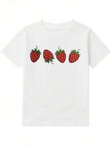Camiseta de Cuello Redondo 100% Algodón con Estampado de Fresas para Jóvenes, Camiseta Blanca con Estampado de Fresas, Largo Regular, Camisetas con Estampado de Frutas, Ropa Suave y Transpirable para Niñas/Niños, Material Suave, Diseño Divertido, Ajuste Cómodo, Moda. 3T-13T - Negro - Ver 4