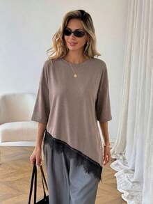 Camiseta casual de mujer con dobladillo asimétrico de encaje de unicolor, uso básico diario, blusa casual de primavera/verano para vacaciones de mujer, vacaciones de verano para mujer, primavera para mujer, vacaciones de primavera, top para ir - Púrpura polvoriento - Ver 4