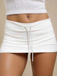 Minifalda de mujer con cintura baja y cordón, para verano - Blanco - Ver 6