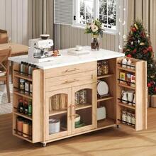 Mobile Kitchen Island With Folding Worktop, Kitchen Trolley, 5 Wheels, Multiple Storage Compartments, Spice Rack, Cutlery Drawer, 120 X 45 (70) X 90 Cm - 自然色 - 查看 2