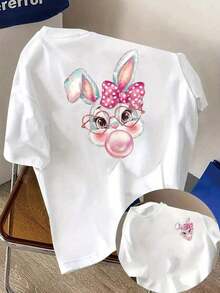 Plus Size Soft Breathable Women's Short Sleeve T-Shirts - Casual Loose Fit Tops For Everyday Wear, Short Sleeve T-Shirt With Front And Back Print - Happy Easter, Bunny Ears, Easter Bunny, Floral Print, Leopard Print Bunny, Rose Bouquet, Cute Bunny, Fashion Print With Heart Shaped Glasses - Spring/Summer Printed T-Shirt For Women, Fashionable Item, Breathable And Comfortable. - 白色 - 查看 11