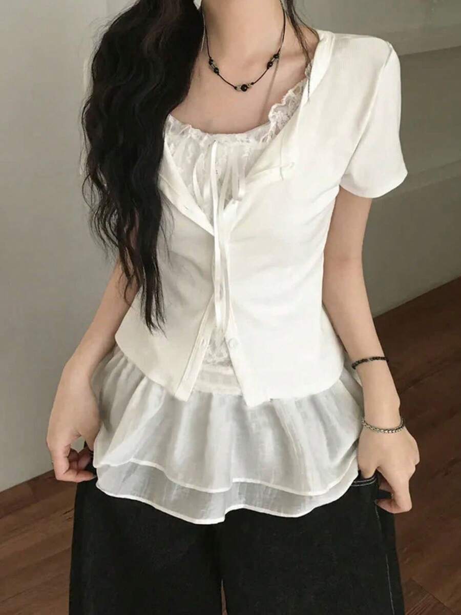 Women's Lace Patchwork Casual Versatile Daily Wear Short Sleeve T-Shirt White Summer - White - View 1
