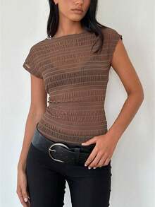 Women's Mesh Sheer Top Short Sleeve Boat Neck Slim Fit Bodycon Shirt Tops Y2K Going Out See-Through Layered Top - Light Brown - View 1