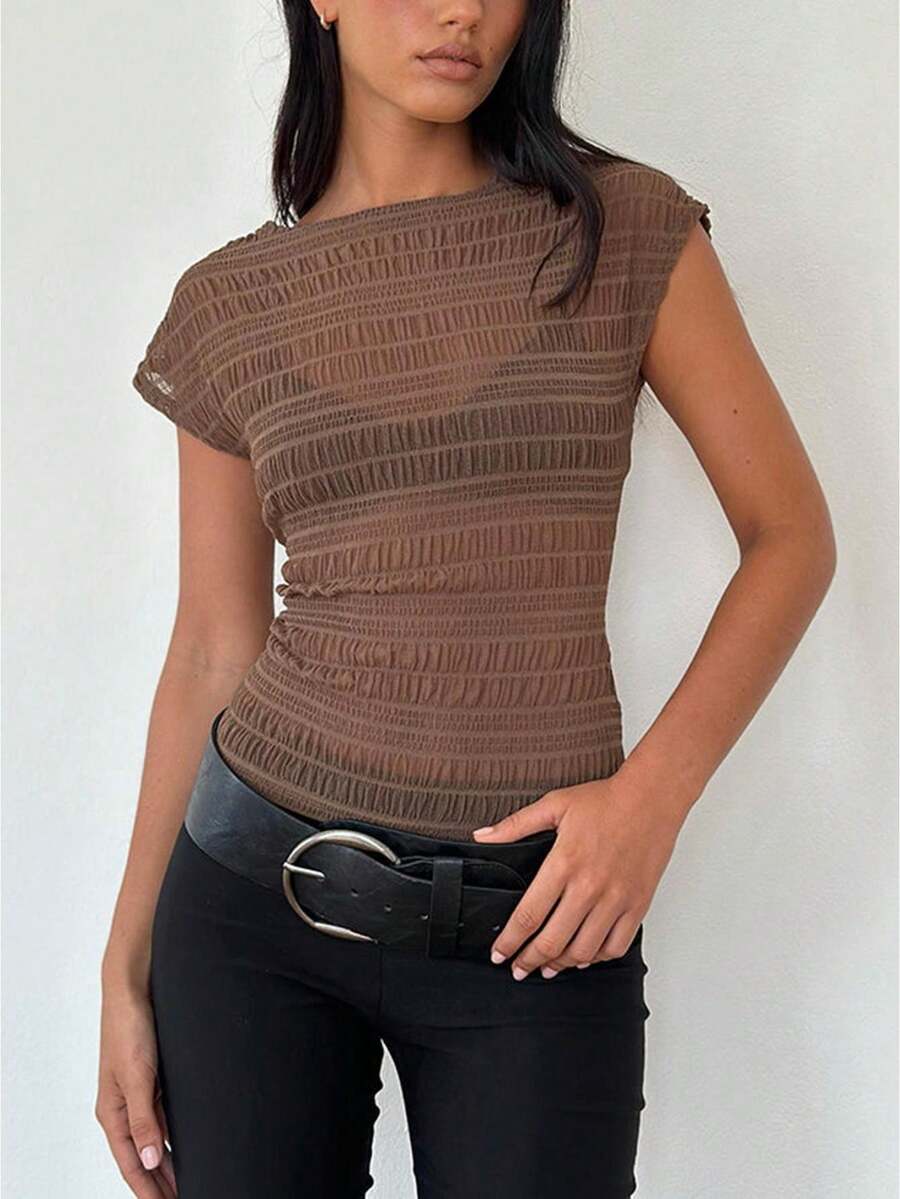 Women's Mesh Sheer Top Short Sleeve Boat Neck Slim Fit Bodycon Shirt Tops Y2K Going Out See-Through Layered Top - Light Brown - View 1