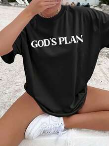 Vintage Women's Round Neck T-Shirt With Double-Sided Print, "God's Plan, Your Plan" (Isaiah 55:8-9), Floral Pattern T-Shirt, Casual Christian Faith Top, Soft And Lightweight Women's T-Shirt, Religious Gift, Breathable And Stylish. - 黑色 - 查看 2