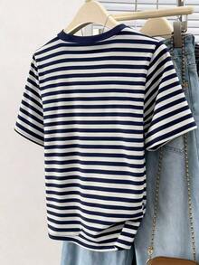 Camiseta de cuello redondo de color liso con detalles de lazo de pedrería de estilo minimalista - Multicolor 3 - Ver 2
