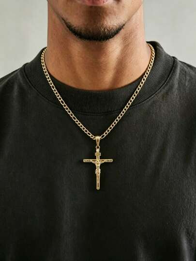 Cadena Figaro dorada con colgante/dije de Jesús y cruz, collar para hombres