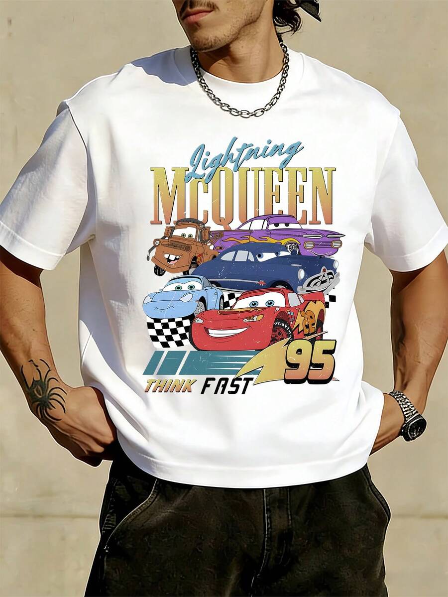 Unisex Disney Cars Full Cast Tee, Retro Racing Print, Casual Fit, Nostalgic For All. - 白色 - 查看 1