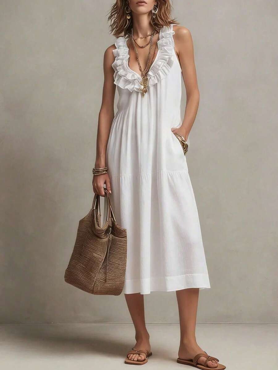 Women's Long Sleeveless Dress, V-Neck, Ruffles, Minimalist And Plain French Style, Ideal For Holidays, New 2026 Collection - 白色 - 查看 1