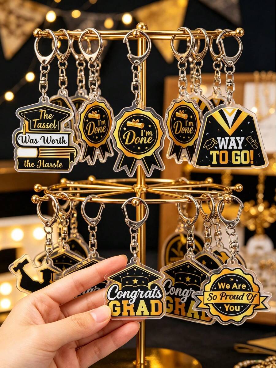 6pcs 2026 Graduation Commemorative Keychains, Black Gold Acrylic Material Graduation Cap Badge Pattern Keychains, Graduation Party Favors, Graduation Memento Keychains, Congratulations On Graduation, I Did It, Graduation Decor For 2026, Graduation Season Party Supplies, Graduation Backpack Or Car Key Chain, Graduation Party Goodie Bag Filler, 2026 Graduate Universal Gift