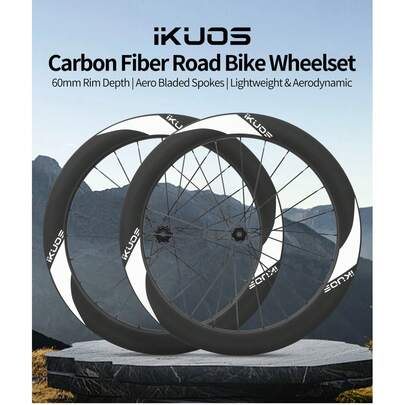 One Pair IKUOS 700C Carbon Wheelset For Road Bike, 60MM High Profile Aero Rim, Clincher, Thru-Axle Disc Brake, Custom 3.2mm Bladed Spokes, Low Wind Drag, Strong Torsion & Tensile Strength, Uniform Tension, Stable Handling, Ideal For Daily & Outdoor Cycling