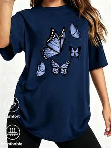 180g Made In Mexico, Spring/Summer 2026 Fashion Short Sleeve T-Shirt, Cartoon Print, Couple Style, Underwear/Outerwear, Casual Round Neck For Office, Unisex One Piece Top - 藏蓝色 - 查看 2