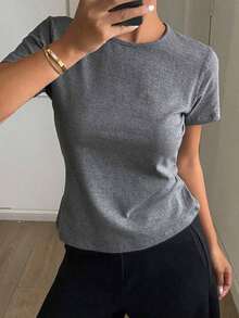Camiseta básica de mujer de cuello redondo de unicolor de manga corta, blanca, para primavera/verano, de estilo casual de oficina - Gris Oscuro - Ver 1