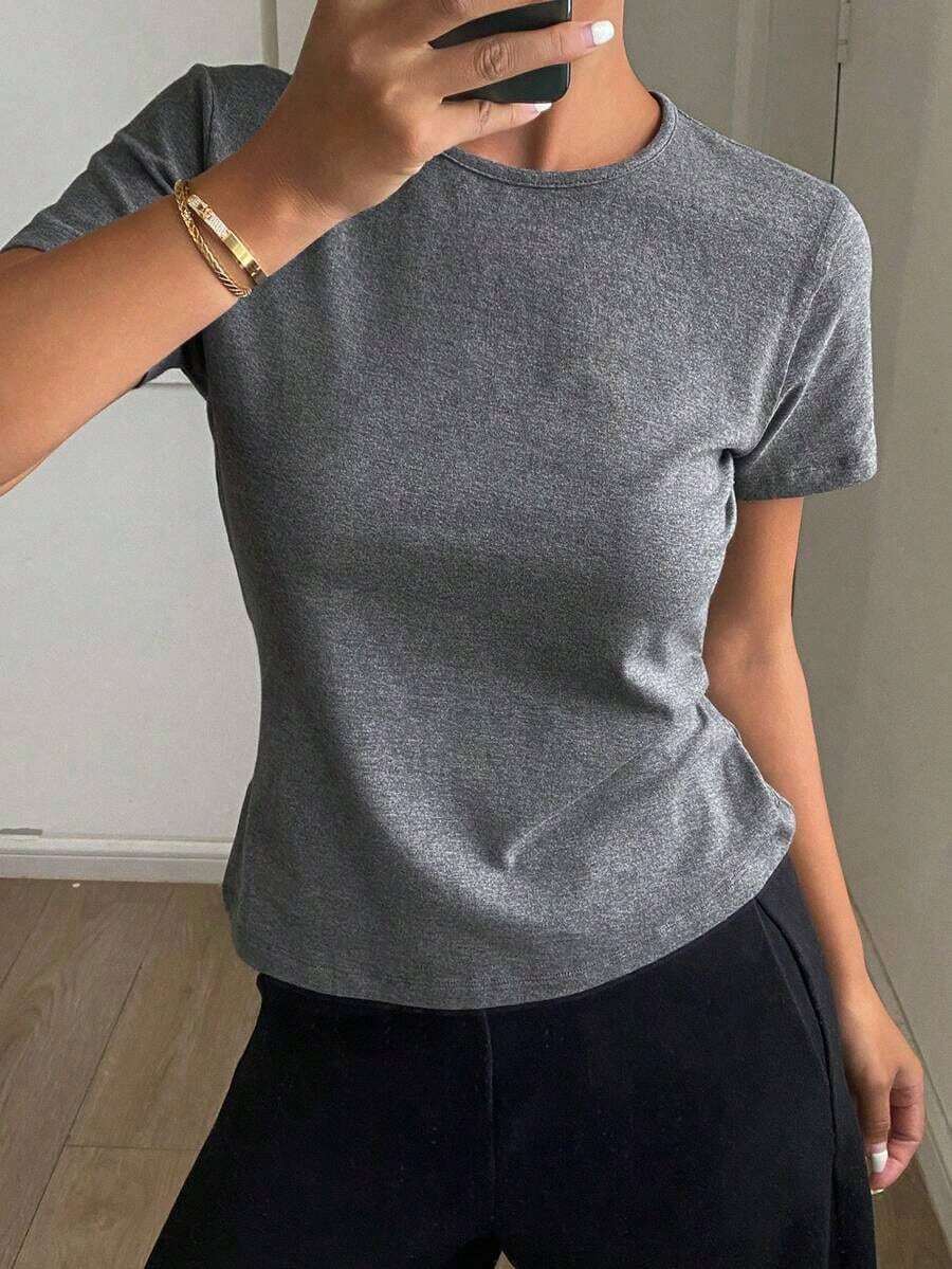 Camiseta básica de mujer de cuello redondo de unicolor de manga corta, blanca, para primavera/verano, de estilo casual de oficina - Gris Oscuro - Ver 1