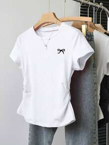 Camiseta ajustada con estampado de lazo para mujer, estilo versátil y elegante para el verano, vuelta al colegio, uso diario, fiesta, cita, que atrae mucha atención - Multicolor 6 - Ver 5