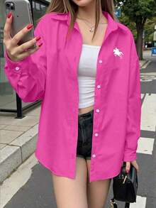Camisa casual de manga larga, de corte holgado y de un solo abotonado con estampado de caballero para mujer - Rosa Fucsia - Ver 3