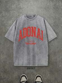 Retro Washed T-Shirt, Single-Sided Print (230 Pure Cotton T-Shirt) 'ADONAI MY LORD' Letter And Pattern Print, Men's T-Shirt, Casual Men's Shirt, Comfortable, Fashionable T-Shirt, Cotton Streetwear - 灰色 - 查看 8