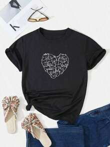 Cute Blouses Women's T-Shirt Heart Cat Print Spring And Summer Casual Loose Round Neck Short Sleeve 100% Cotton Blouses For Women Casual - 黑色 - 查看 4