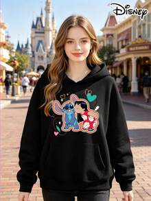 Official Disney Licensed 250G Lilo & Stitch Print Hoodie, Women's 100% Polyester, Fall & Winter Style, Ideal For Commuting, Daily Office & Casual Wear, Perfect Gift For Wife & Girlfriend - 黑色 - 查看 1