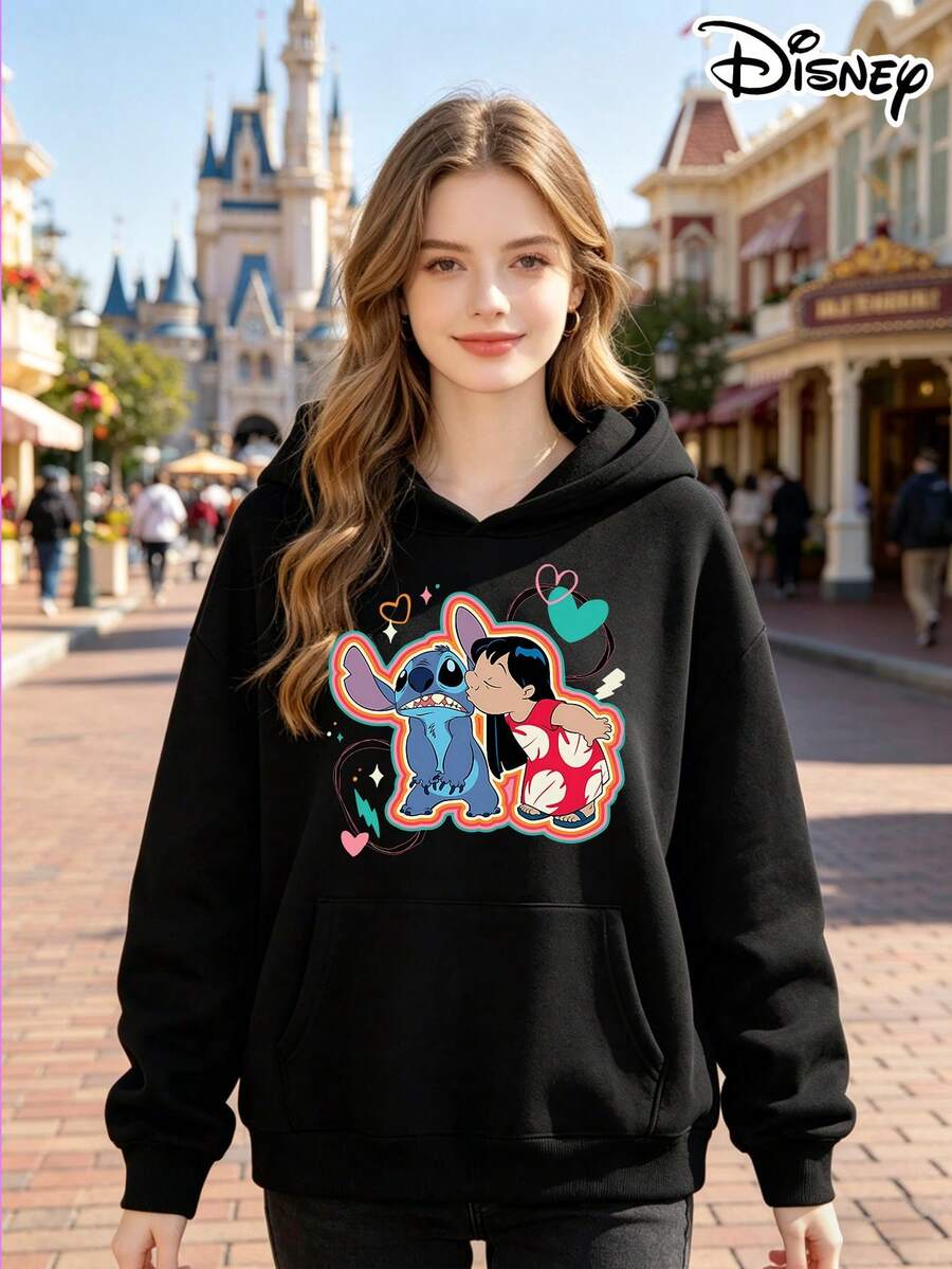 Official Disney Licensed 250G Lilo & Stitch Print Hoodie, Women's 100% Polyester, Fall & Winter Style, Ideal For Commuting, Daily Office & Casual Wear, Perfect Gift For Wife & Girlfriend - 黑色 - 查看 1