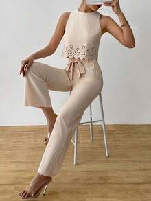 Set de 2 piezas para mujer con top corto elegante con diseño calado y ata y pantalón recto para vacaciones - Albaricoque - Ver 7