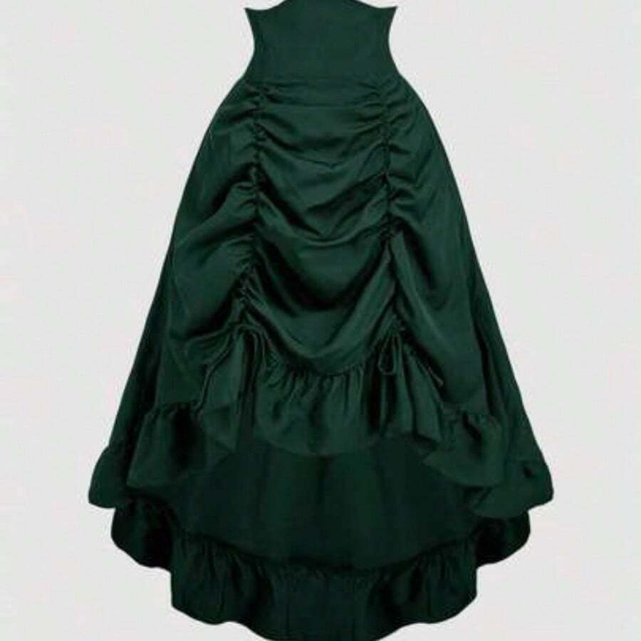 MOD Plus Size High Waist Asymmetrical Hem Skirt, High Waist Waistband, Pleated Front Hem, Adjustable Length, Ruffle Hem, Reversible Design, Gathered Back Waist, Olive Green, Vintage, Retro, Dark Green Formal Dress, Green Gown, Rouche Dress, Green Satin Dress, Dark Green Skirt,Christmas Skirt - Verde Oscuro - Ver 1