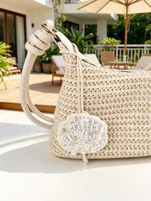 1 pieza Accesorio de bolso estilo bohemio hecho a mano con estrella de mar y concha de plata, adecuado para decoración de bolsos, adorno colgante de coche, accesorio de llavero - Blanco - Ver 4