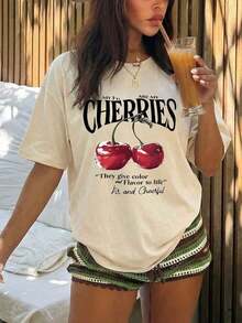 Camiseta de mujer de corte holgado con estampado de cerezas, linda camiseta retro de manga corta con cuello redondo y estampado de cerezas, ropa de calle de verano con estética Y2K Coquette, top casual holgado y transpirable, ropa de vacaciones estilo preppy kawaii, camiseta moderna con estampado de frutas dulces, perfecta para vacaciones en la playa, festivales de verano, despedidas de soltera, uso diario casual, salidas de fin de semana, paseos por la ciudad, citas en un café, conciertos de música, viajes, escapadas costeras, estilo urbano, reuniones de verano, fiestas en la piscina, ropa para el campus universitario, atuendo para resorts, eventos temáticos de frutas. - Multicolor - Ver 5