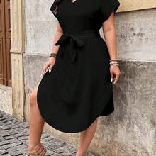 Simple Solid Black Plus Size Women's Casual Beach Dress Suitable For Summer Black Casual Dress Casual Midi Dress,Business Casual Woman,Teacher Outfits For Women Suitable For Going Out Chic Dress,Spring/Vacation - Multicolor - Ver 7