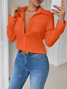 Blusa blanca casual con cuello y bolsillo, de manga larga ajustada para mujeres - Naranja - Ver 7
