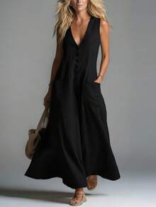 Vestido nuevo de primavera-verano para mujer, estilo casual, unicolor, escote V profundo, bolsillos de parche, diseño favorecedor, perfecto para looks de día, paseos y ocasiones informales - Negro - Ver 8