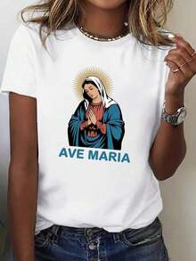 Women's Vintage Mary Ave Maria Catholic Art T-Shirt, Pure And Comfortable, Casual Wear, Everyday Outfit, Classic Design, Retro Style, Soft Fabric, Breathable Material, Printed Top, Graphic Tee, Catholic Women, Faith-Based Fashion - 白色 - 查看 7