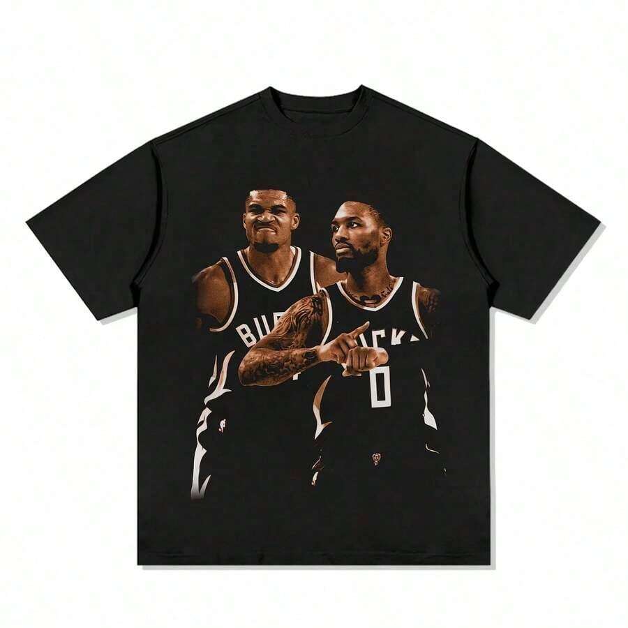 Camiseta de mujer con estampado de la estrella del baloncesto estadounidense Milwaukee Lillard, camiseta de algodón deportiva, holgada, de manga corta, para verano, para hombre y mujer. Cómoda y ligera. - Negro - Ver 1