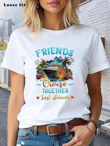 Women's T-Shirt Cruise T-Shirt "Friends Who Sail Together, Last Forever" | Tropical Ship Design With Palm Trees, Fireworks, Anchor And Stars For Vacations, Travel And Parties | Casual Style, All Seasons, Printed T-Shirt For Men And Women Comfortable And Lightweight - 白色的 - 查看 1