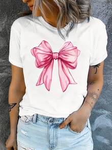 Camiseta Estampada para Mujer con Gráfico de Lazo Rosa - Camiseta Casual de Manga Corta y Cuello Redondo, Corte Relajado para Todas las Estaciones, Perfecta para Uso Diario y Vacaciones, Lavable aáquina. Camiseta Blanca. - Blanco - Ver 7
