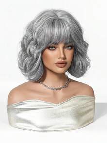 10 Inch Light Brown Wavy Bob Wig With Bangs, Natural Silky Texture Heat Resistant Synthetic Hair, Anti-Tangle Anti-Shedding Breathable Cap, Realistic Look Trending Viral Hairstyle For Daily Wear, Party, And Photoshoot Popular Women Hair Accessory - 淺灰色 - 查看 4