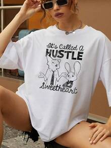 Estampado con dos adorables personajes de animales que simbolizan ingenio confianza y la fuerza del trabajo conjunto transmitiendo un mensaje positivo de esfuerzo y dulzura camiseta de mujer  casual cómoda y moderna - Blanco - Ver 6