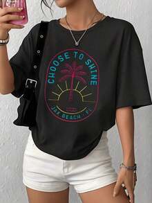 Solt Palmera tropical con sol naciente y lema motivador que inspira energía positiva y aventura en la playa camiseta de mujer 100% algodón graphic graphic - Negro - Ver 7