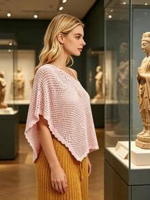 Poncho Tejido de Mujer Calado Unicolor, Cuello Redondo, Manga Murciélago, Asimétrico, Ligero para Playa y Vacaciones de Verano - Rosa - Ver 3