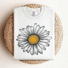 Camiseta casual de primavera/verano para mujer, de manga corta y cuello redondo, con estampado de margaritas blancas en el centro y centro de flor amarilla.Hecho de tela transpirable y lavable, adecuado para comodidad durante todo el año. - Blanco - Ver 3
