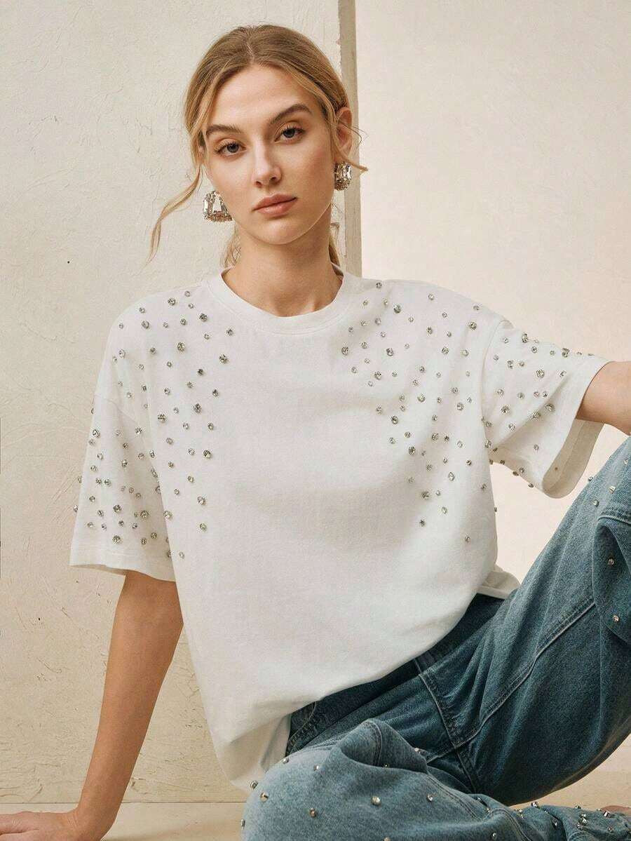 Camiseta de algodón casual con cuello redondo blanco y adornos de diamante de imitación para mujeres - Blanco - Ver 1