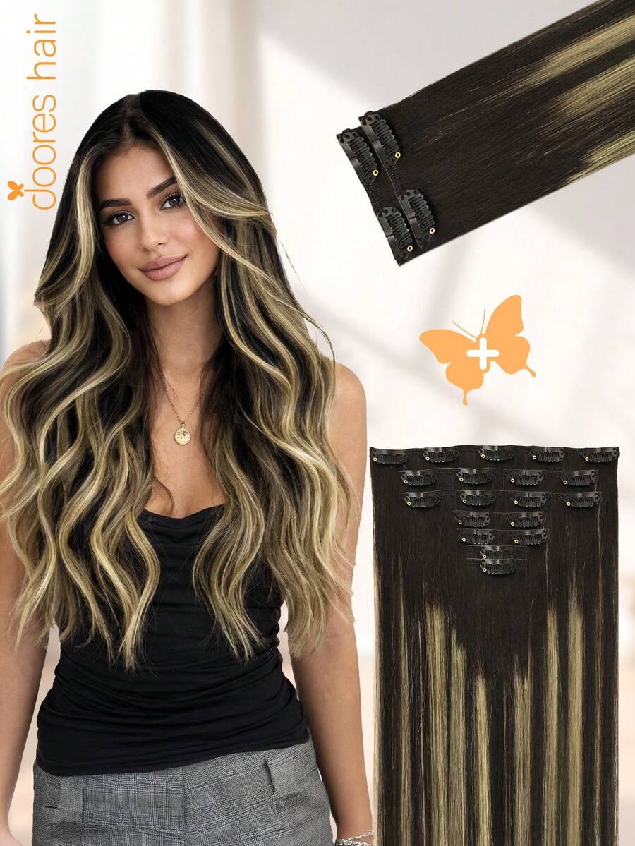 DOORES 9PCS Clip In Hair Extensions Straight Real Human Hair Natural Virgin Human Hair Extensions Double Weft Clip Ins Invisible & Soft Mini Hair Pieces For Thinning Hairs For Women - S1B/19/1B - View 1