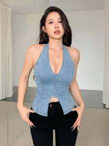 Parte superior de halter elástica de mezclilla sexy sin mangas para mujer, corsé azul, blusas de mujer para brunch, blusas de verano lindas, top de corsé azul - Lavado ligero - Ver 4