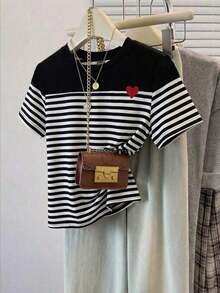 Camiseta holgada de cuello redondo y manga corta de estilo minimalista casual para mujer, con estampado de rayas, conjunto de ocio para mujer - Multicolor 3 - Ver 10