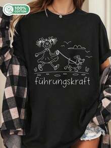 Camiseta para Mujer con Estampado de Pastor Alemán, Cuello Redondo, Manga Corta, Diseño Casual - Negro - Ver 1