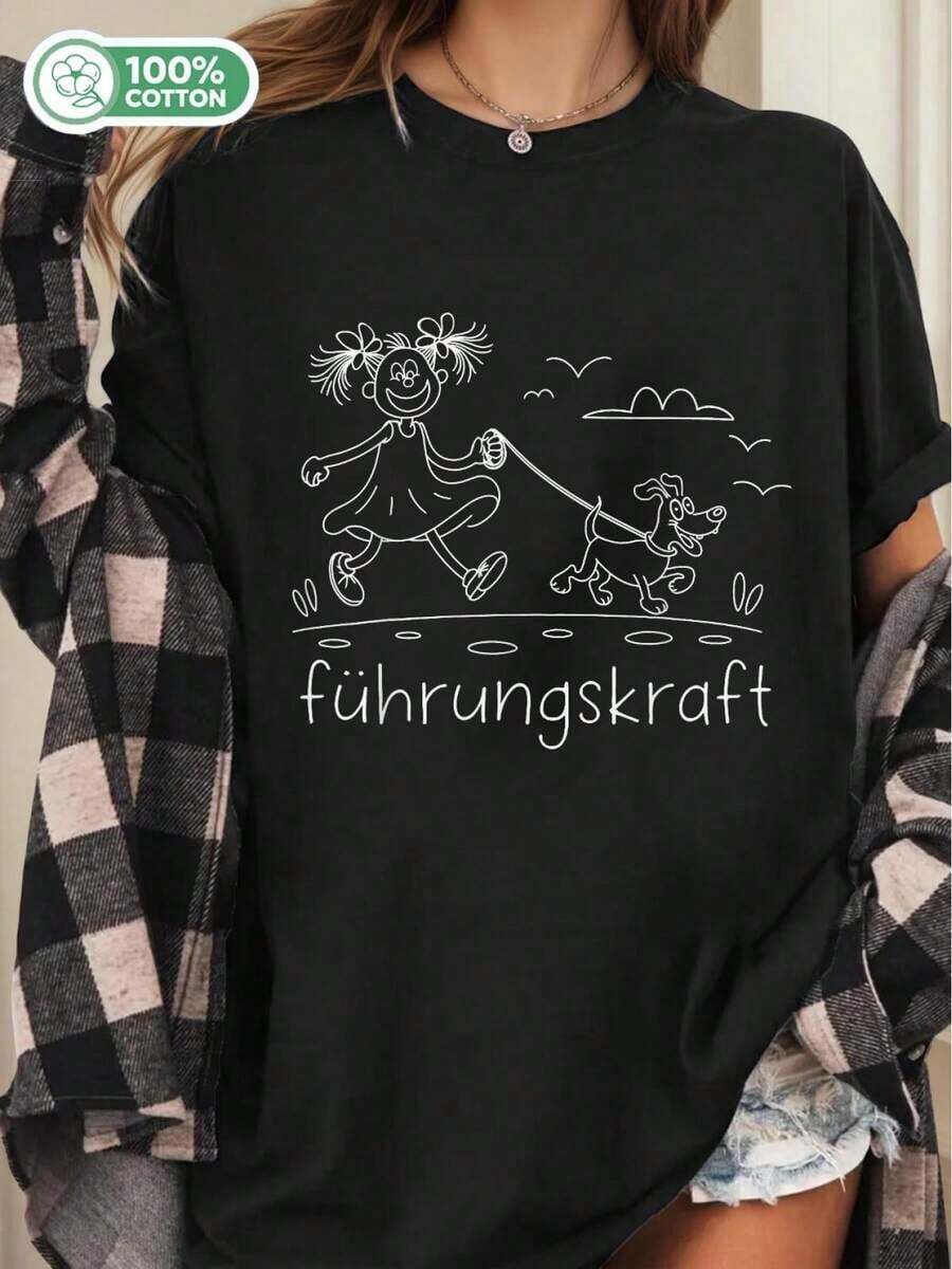 Camiseta para Mujer con Estampado de Pastor Alemán, Cuello Redondo, Manga Corta, Diseño Casual - Negro - Ver 1