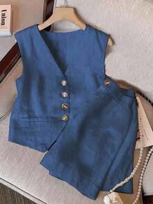 2 piezas Conjunto casual de mujer con chaleco de un solo abotonado y pantalones cortos de unicolor - Azul - Ver 7